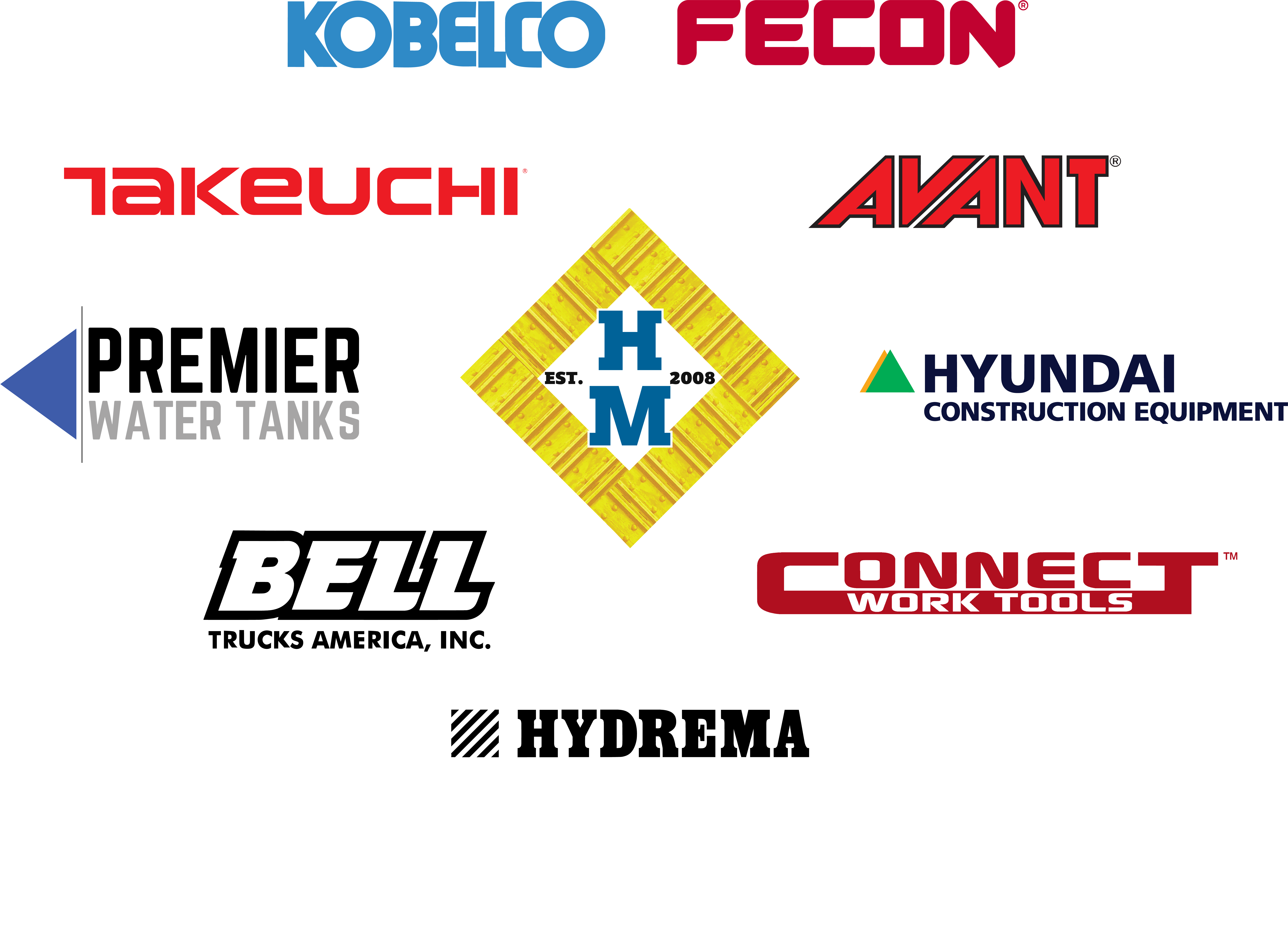 Hayden Partners logos for Hayden Machinery, Kobelco, Fecon, Avant, Hyundai Construction Equipment, Connect Work Tools, Hydrema, Bell Trucks America, Inc., Premier Water Tanks, Takeuchi.